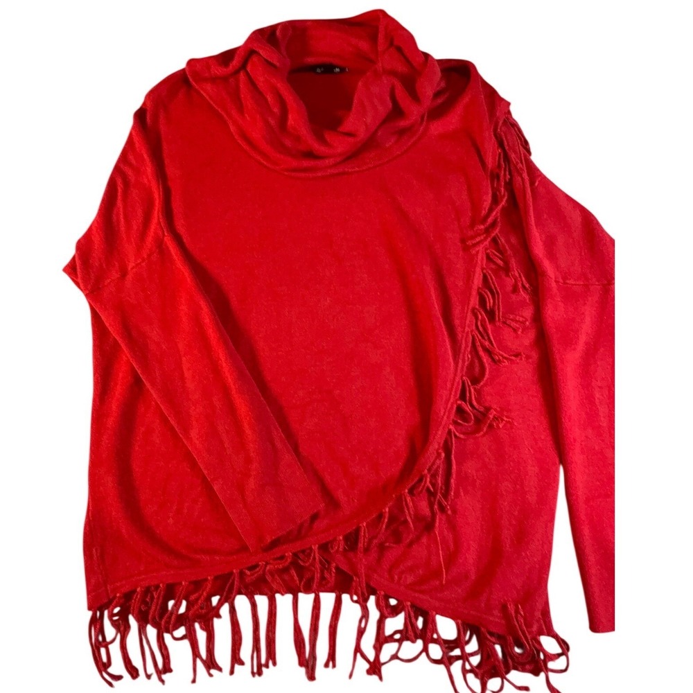 Hannah Womens Red Cowl Neck Fringe Asymmetrical Knit‎ Sweater Small